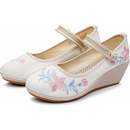 YourSeason Ladies 6cm Wedge Canvas Embroidery Platforms Pumps Non-Skid Vintage Women Casual Comfort Ankle Strap Fabric Shoes
