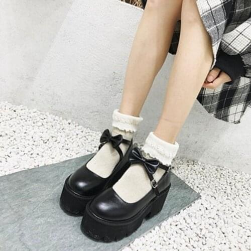 Spring And Autumn Hot Sale Japanese Cute Bowknot One Word Buckle Platform Wedge Heel Ladies Small Leather Shoes Large Size 40
