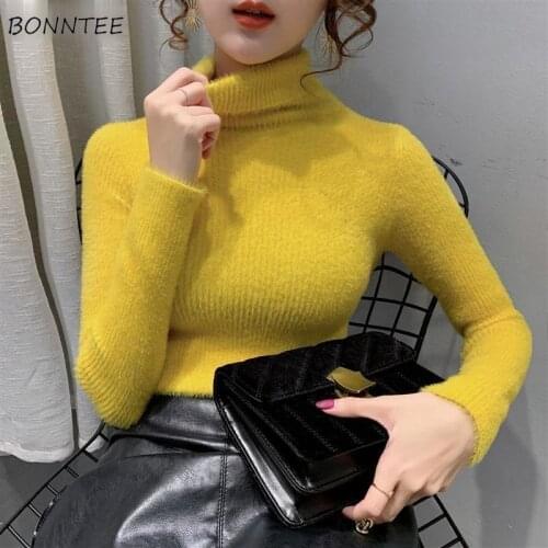 Pullovers Women Oversize 3XL Turtleneck Solid Korean Style Fitness Slim Sexy All-match Chic Elegant Winter Tops Vintage Soft New
