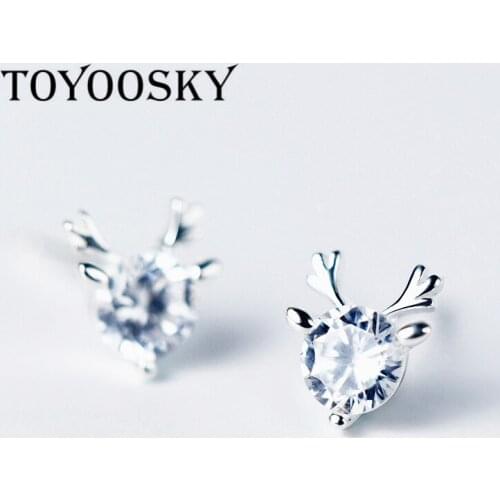 TOYOOSKY New Women 925 Sterling Silver Tiny Elk Stud Earrings Girls Kids Christmas Gift Crystal Zircon Deer Antlers Ear Jewelry