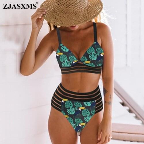Retro Leaf Print Stripe Mesh Hollow Out Bikini Swimwear Women Sexy Push Up Bikini Swimsuit Sets Summer Beach Female Bathing Suit