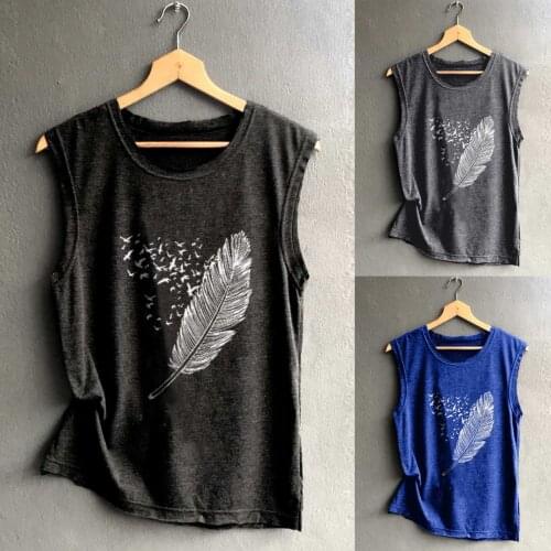 Women Sleeveless Top Simple Vest Feather Printing Blouse Tank Camisole Solid Color Daily Casual All-match Gilrs Vest