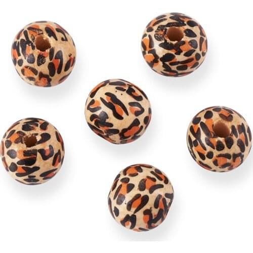 200Pcs Natural Wood Round Beads Leopard Print Wooden Round Loose Beads Cow Print Check Partten Ball Spacer For Jewelry Making