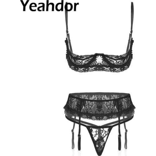 3pcs Women See-Through Lace sexy Lingerie Suit Expose Breast Unlined Underwear Open Cup Underwired Bra with G-String Garter Belt