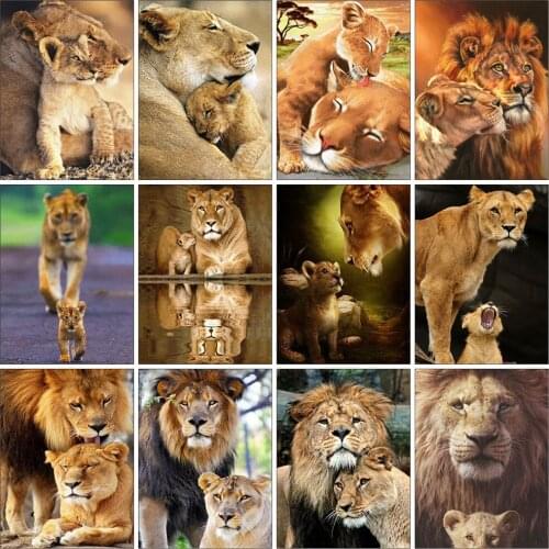Huacan 5D Mosaic Diamond Painting New Square Rhinestones Parent-child Lion Diamond Beads Embroidery Animal Decoration For Home