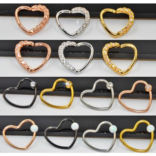 BOG-14PC 18g&16g Zircon/Opal Heart Shape Brass Ear Tragus Cartilage with Press Fit Zircon Crystal Ear clip Earring For Women