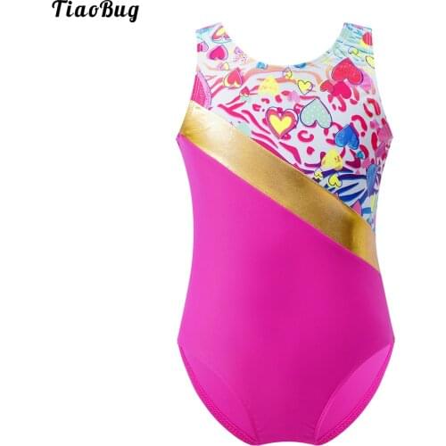 TiaoBug Summer Kids Girls One-Piece Swimwear Round Neck Sleeveless Patchwork Design Print Jumpsuit Beach Pool Swimming Bodysuit