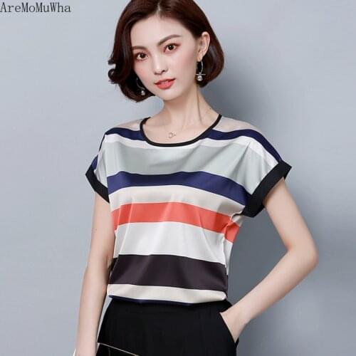 AreMoMuWha Silk Short-sleeved T-shirt 2019 Summer New Loose Large Size Silk Silk Satin Ice Silk Round Neck Wild T-shirt MH206