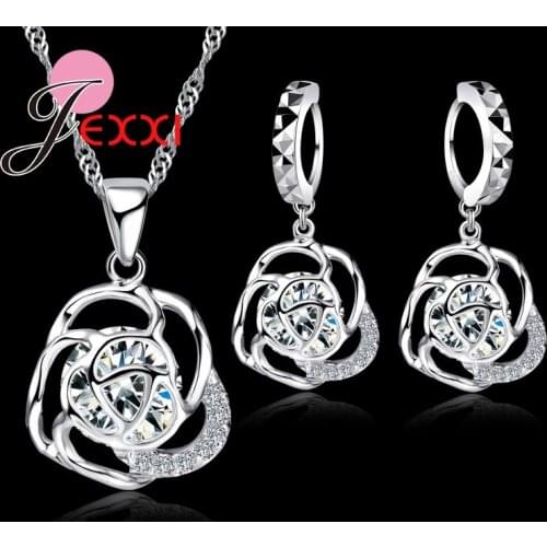Hot!!! New Arrival 925 Sterling Silver Jewelry Set Cubic Zirconia Rose Pendant Necklace And Earring Set Free Shipping