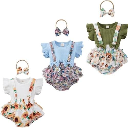 Toddler Girls Short Sleeve Cotton Romper Sunflower Print Suspender Shorts Bow Headband Summer Baby Girls Clothing