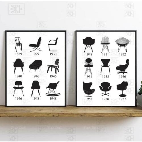 History of Chairs Poster Mid Century Home Decor Retro Furniture Iconic Chairs Canvas Painting Wall Art Pictures for Living Room
