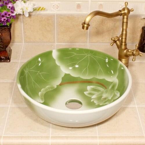 Green Lotus Painting China Artistic Handmade Ceramic Bathroom Sinks Lavobo Round Counter top ceramic sinks basin