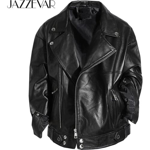 JAZZEVAR 2021 New High Fashion Street Women Real Sheep Skin Leather Jacket oversized Motorcycle Casual Jackets loose clothing