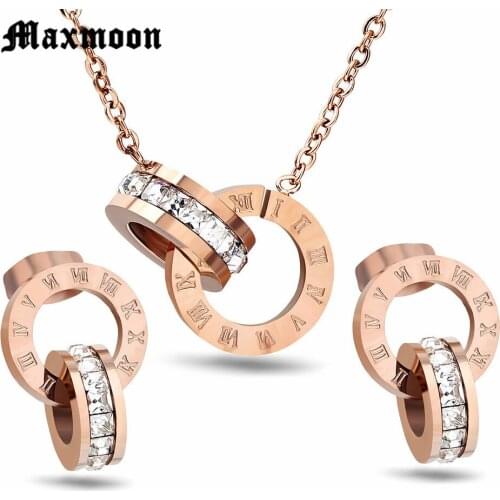 Maxmoon Round Zirconia Jewelry Roman Numerals Stylish Two Side Rose Color Pendant Necklace Earrings Fashion Wedding Jewelry Sets