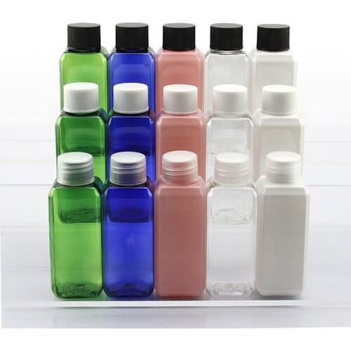 Wholesale 100pcs 50ml five color square empty plastic cosmetic bottles containers with screw caps Mini travel shampoo container