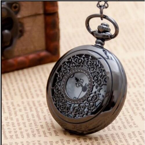 Retro Vintage Black Flower Quartz Pocket Watch Analog Pendant Necklace Mens Womens Watches Kids Gift Watch
