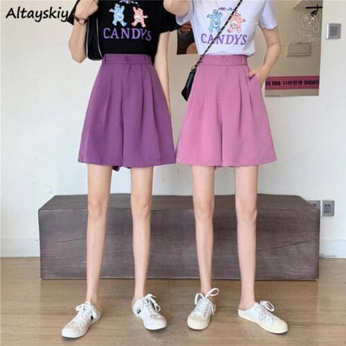 Shorts Women Solid 3-colors Trendy Elegant Female England Style Trousers Button Large Size High Waist Summer Retro Wide Leg 3XL