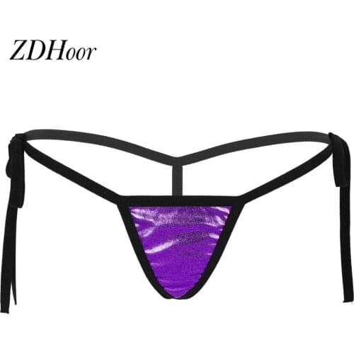 Womens Sexy Panties Shiny Metallic Micro Mini Lingerie Low Rise T-Back Mini G-String Thong Female Bikini Briefs Underwear