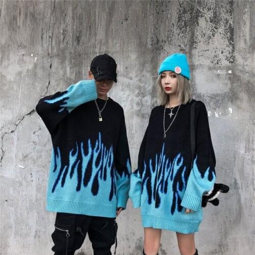 VERSMA Japanese Harajuku Flame Print Vintage Sweater Men Women Hip Hop Streetwear Rock Punk Kpop Teen Sweaters Male Dropshipping