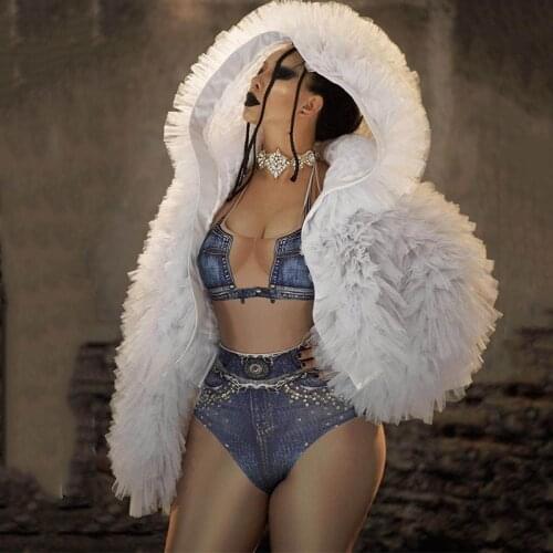 Women Sexy Stage Outfit White Jacket Cloak Female Singer Dance Performance Costume Nightclub Ds Dj Rave Show Clothing Lady DT948