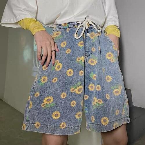 Summer Floral Woman Short Wide Leg Elastic Waist Korean Style Loose Blue Denim Pants 2021 Fashion Chic Vintage Jeans For Girl