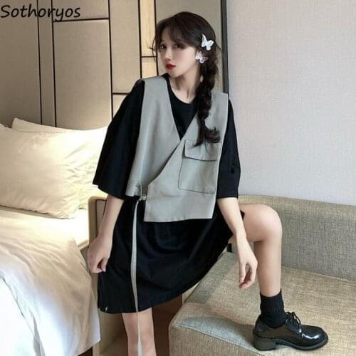 Chic Short Vests Women Belt V-neck Loose Fashion Simple Casual Asymmetrical Office Lady Korean Style Streetwear Female All-match