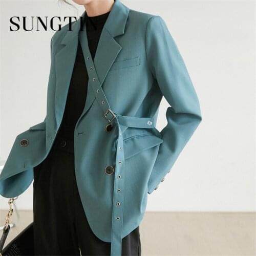 Sungtin Design Lace Up Office Lady Single breasted Solid Blazer Jackets Elegant Notched Collar Jacket Loose Women Blazer Spring