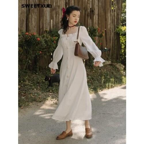 SWEETXUE Retro Fairy Style Autumn White Dress Womens Square Neck Flared Sleeve Single-Breasted Long Party Dress Vestido