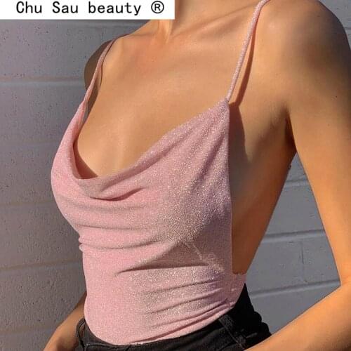 2021 New Fashion Sexy Spaghetti Straps female T-shirt Glitter Backless Tops Loose Simple Women Tee chrismas Party Outfits