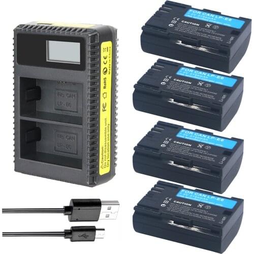 4x LP-E6 Batteries LP E6 +LP-E6N LCD Camera Charger For Canon EOS 5DSR 5D Mark II 5D Mark III 6D 7D 60D 60Da 70D DSLR EOS 5DS