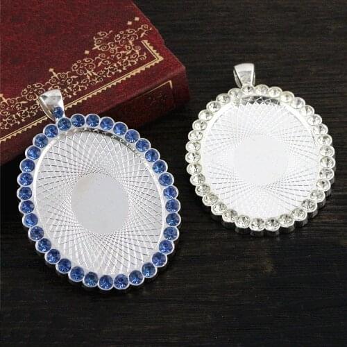 5pcs 30x40mm Inner Size Bright Silver Plated Transparent and Blue Rhinestone Style Cameo Cabochon Base Setting Pendant