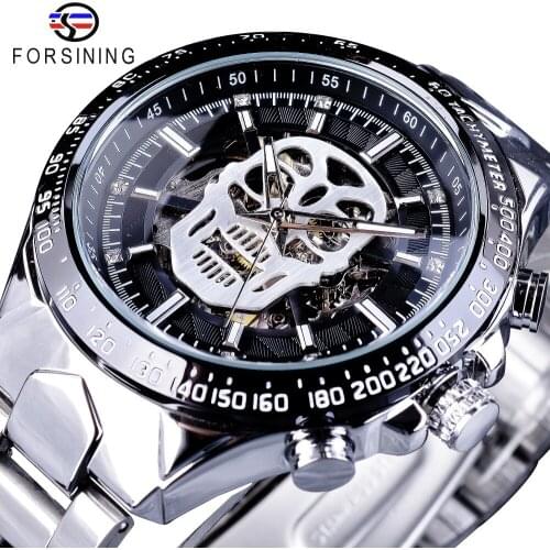 Forsining 2018 Steampunk White Skull Skeleton Clock Luminous Hands Silver Case Mens Mechanical Wrist Watches Top Brand Luxury