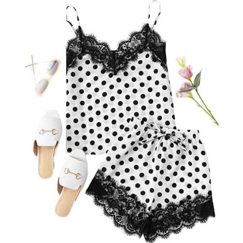 Pajamas Pant Set Dot Printing Lace Lingerie V Neck Sleeveless Camisole Shorts Sexy Pajamas for Women 2021 Casual Pijama Mujer