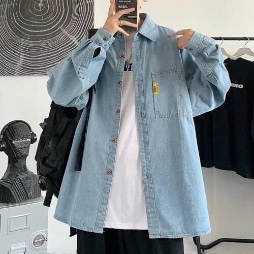 Denim shirt male Korean style trend ins loose handsome long-sleeved shirt Hong Kong style jacket spring and autumn shirt