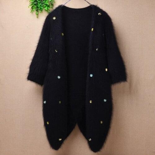 Women clothing autumn winter female women hairy fluffy mink cashmere knitted beaded half sleeves loose cardigans mantle jacket