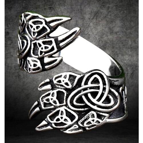 Stainless Steel Viking-Celtic Knot Bear Claw Ring Gift Vintage Vikings-Adjustable Rings Mens Nordic Amulet Jewelry