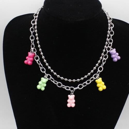 Mini Resin Multicolor Bear Necklace Lady Candy Color Party Christmas Gift Clavicle Chain Pendant Jewelry