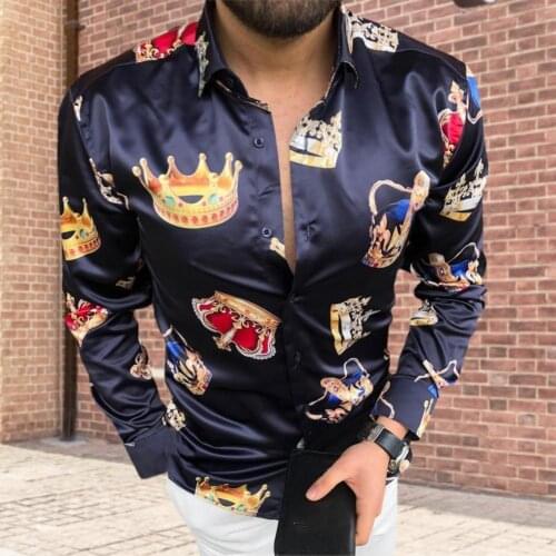 Autumn Shirt Crown Print Men Shirt Turn-down Collar Smooth Long Sleeve Buttons Slim Shirt Streetwear for Daily Wear