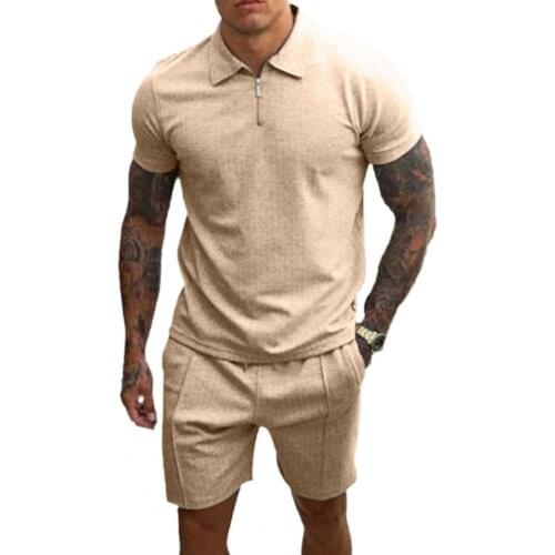 50% Hot Sales Summer Tracksuit Solid Color Drawstring Men Short Sleeve T-shirt Drawstring Shorts for Fitness