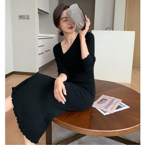 New 2020 Autumn Winter Women Dresses Knitting Asymmetrical High Waist Bottoming Elegant Sexy Pink Long Dress CL480
