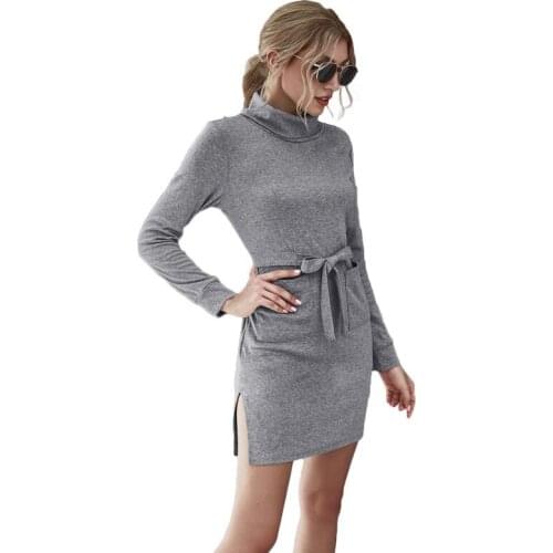 Turtleneck Knitted Autumn Winter Dress Women Elegant 2020 Long Sleeve Pockets Wrap Mini Bodycon Dresses For Women Vestidos
