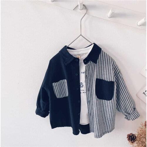 Boys' Short Sleeve Shirt Autumn 2021 New Children Turn-down Collar Long Sleeve Shirt Personalized Patchwork Stripe Fashion Top