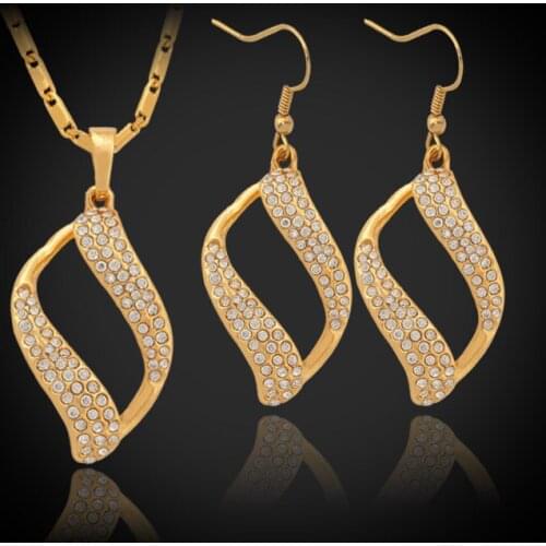 Vintage Scroll Clear Austrian Rhinestone Pendant Earrings Choker Necklace yellow Gold Color Fashion Jewelry Set For Women S732