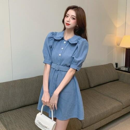 Woman Dress 2021 Summer French Retro Doll Collar Dress New Style Slimming Short-sleeved Denim Blue Short Dress Womens Clothing