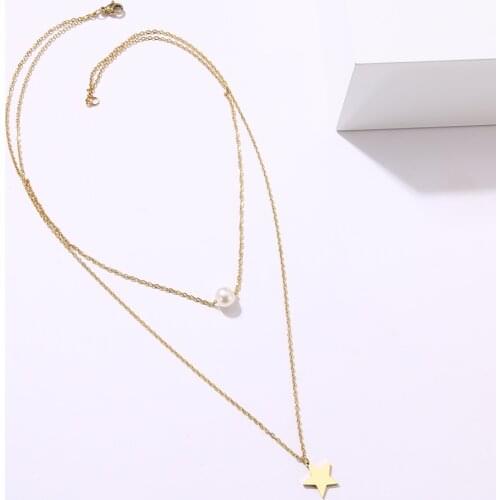CACANA Fashion Pearl Star Double Layer Necklace Accessories Women Necklaces Bijoux Valentines Day Gifts Stainless Steel Jewelry