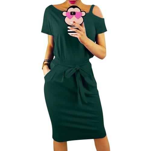 Solid Color Elegant Office Women Dress Off Shoulder Sexy Dress for Ladies Summer Short Sleeve Sashes Knee Length Dress New D30