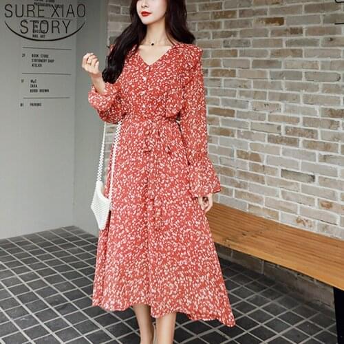New Summer Chiffon Vintage Floral Women Dress Long Sleeve Red Casual Midi Dress Print V Neck Ladies Dresses Robe Femme 8568 50