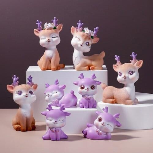 1pcs Purple Deer Figurines Cartoon Cute Sika Deer Resin Ornament Cake Baking Decoration Girl Bedroom Decoration For Christmas