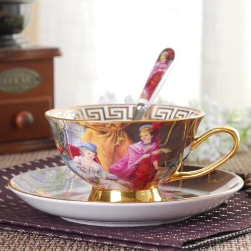 180ML Oil Painting Bone China Coffee Cup And Saucer And Spoon Phnom Penh Elegant Afternoon Tea Cup Beautiful Cafe Accessories