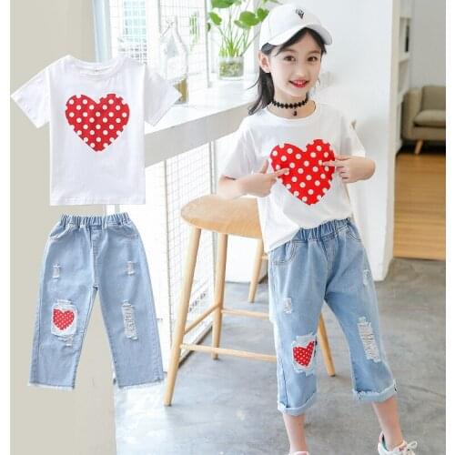 Girls Clothes Set 2020 Summer Kids Polka Dot Lovely Short Sleeve T Shirts Jeans Pants Korean Style Childrens Suit 3 6 8 14 Year